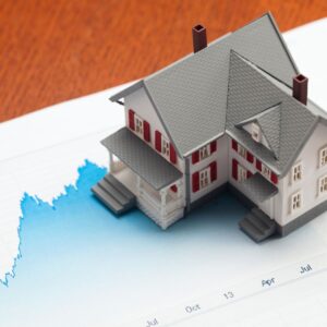 home figure resting on market chart